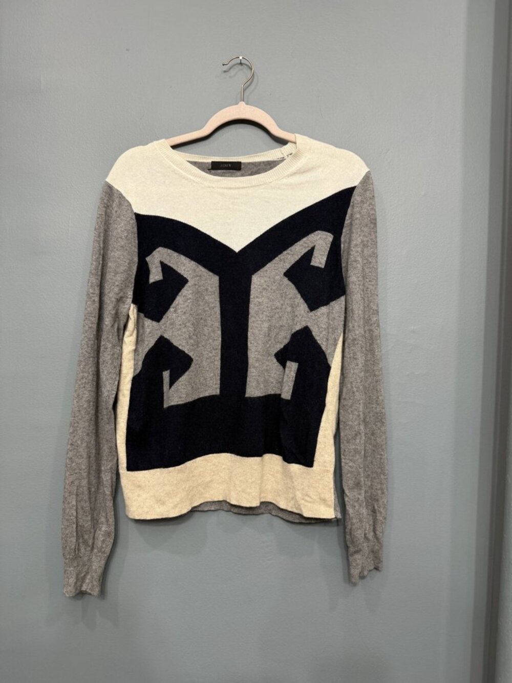 J.Crew Gray Cream Navy Graphic Intarsia Merino Wool Cashmere Blend Sweater L